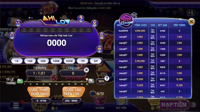 Trò chơi bài Hilo chiến thắng đơn giản tại game Rikvip